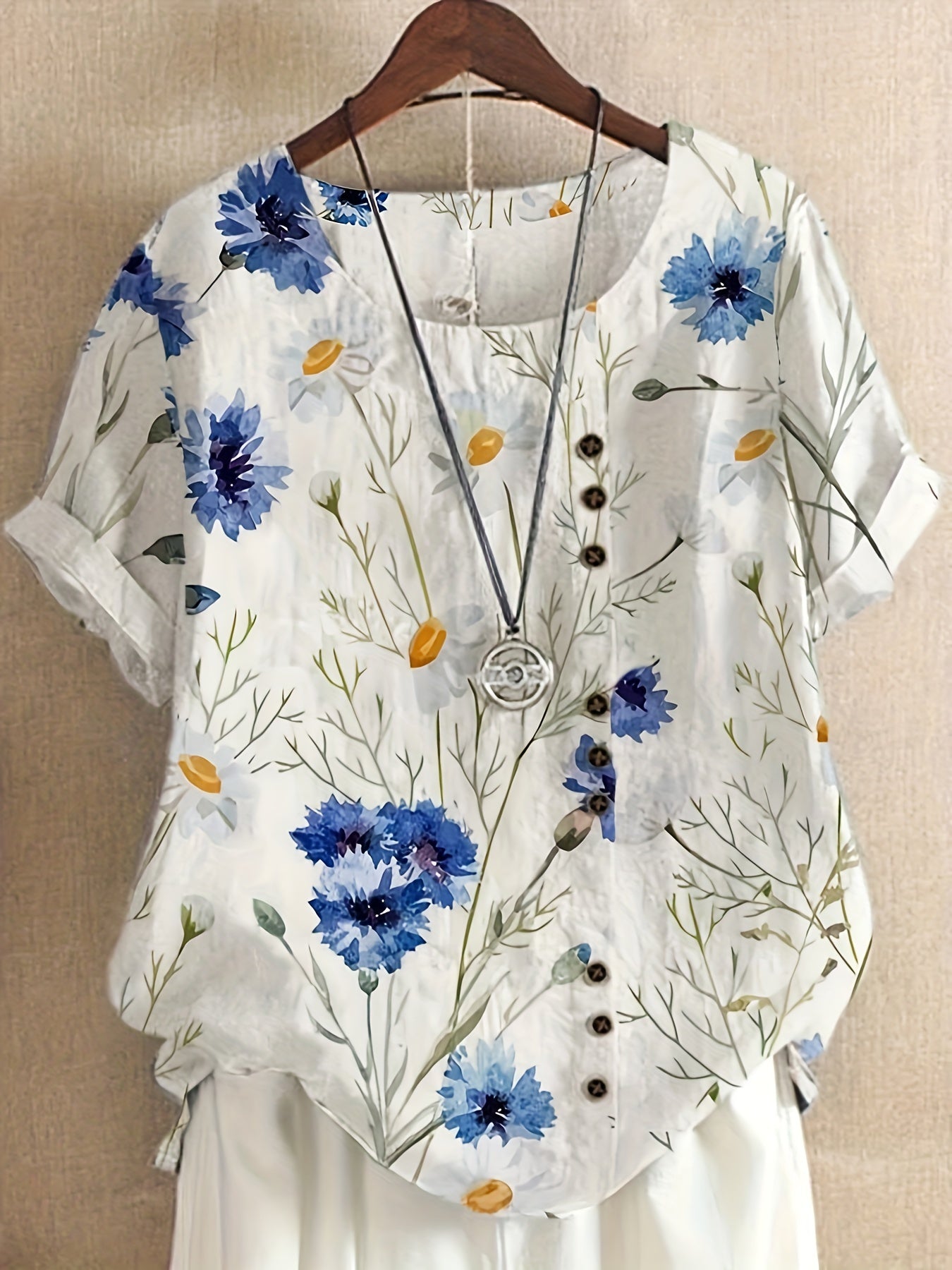Dam Blus Vintage Blommig Kortärmad Sommartopp