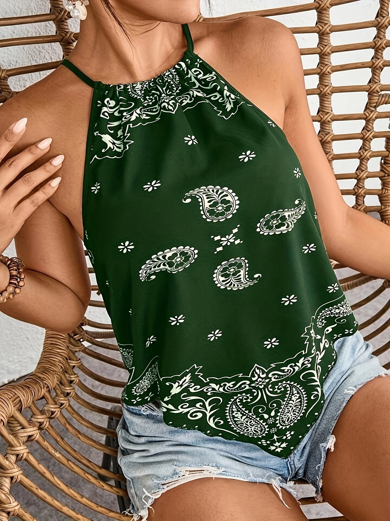 Dam Halterneck Blus med Paisley Mönster