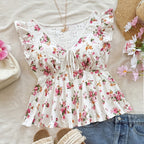 Dam Peplum Blus med Blommigt Mönster