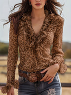 Damblus Elegant Leopardmönstrad med Volanger och