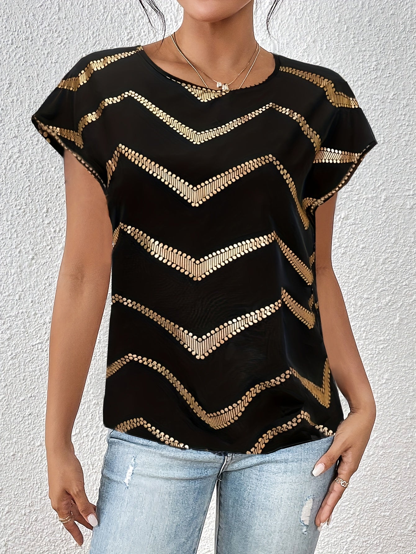 Dam Topp Elegant Geometriskt Mönster Kortärmad