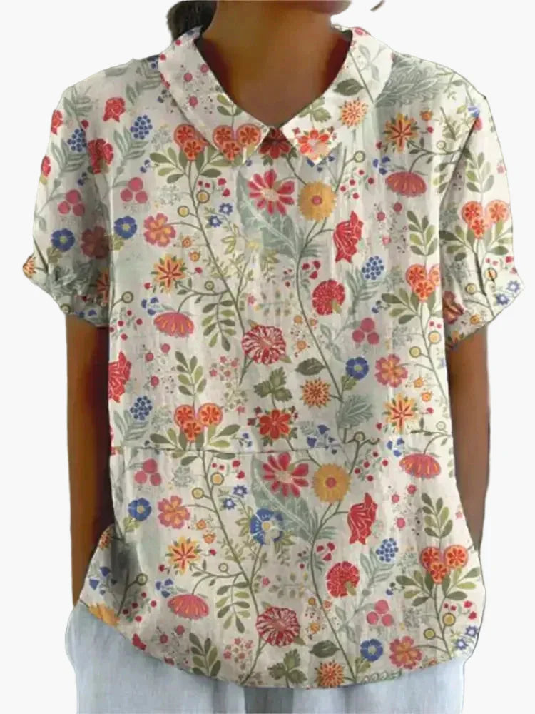 Dam Blus Vintage Blommönster Kortärmad Ledig